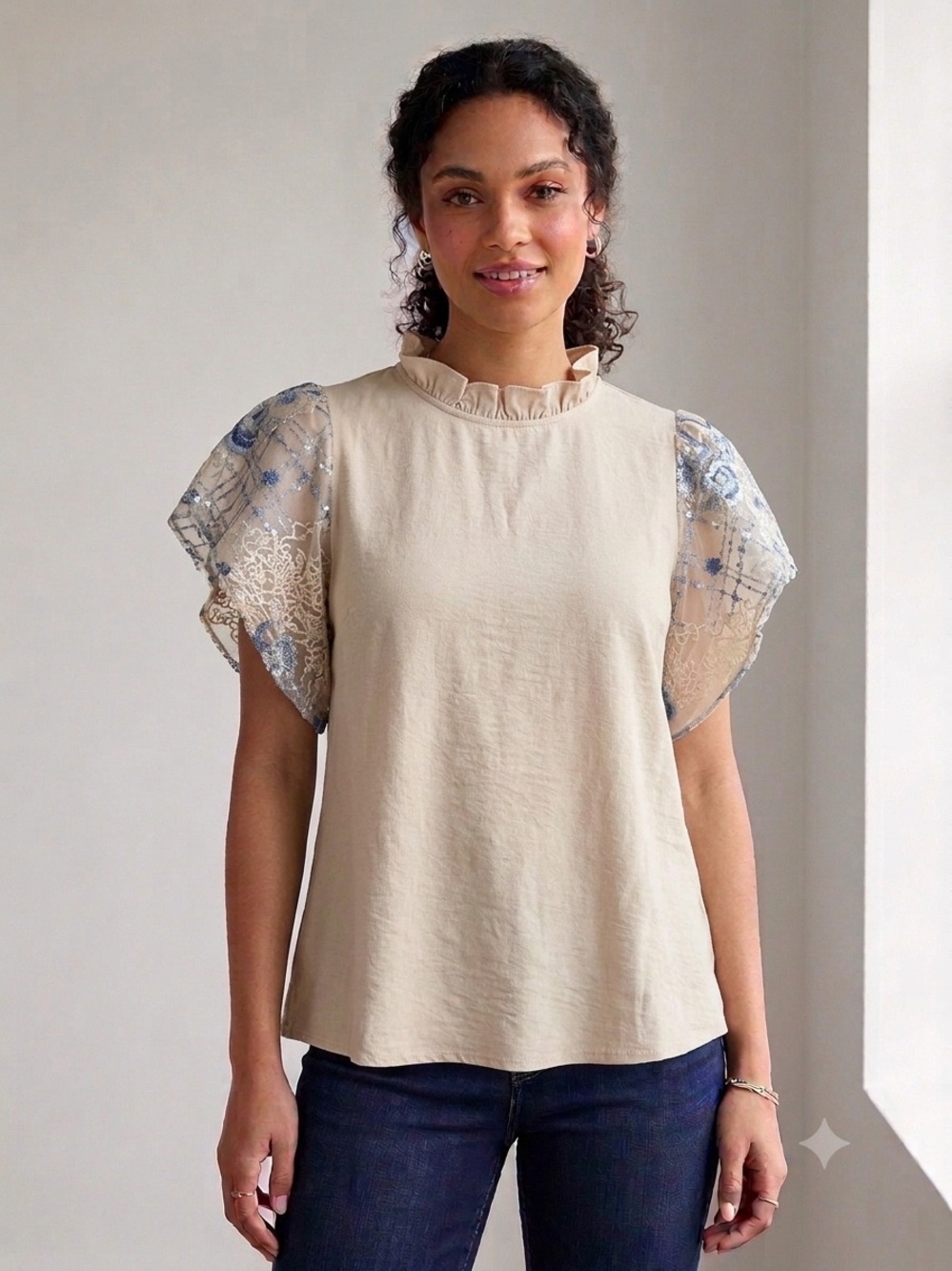 everleigh Cream Ruffle-Neck Top with Blue Embroidered Sheer Sleeves